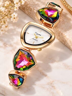 Luxury Rainbow Crystal Gold Tone Statement Watch
